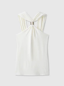 金色装饰宽肩挂脖针织上衣