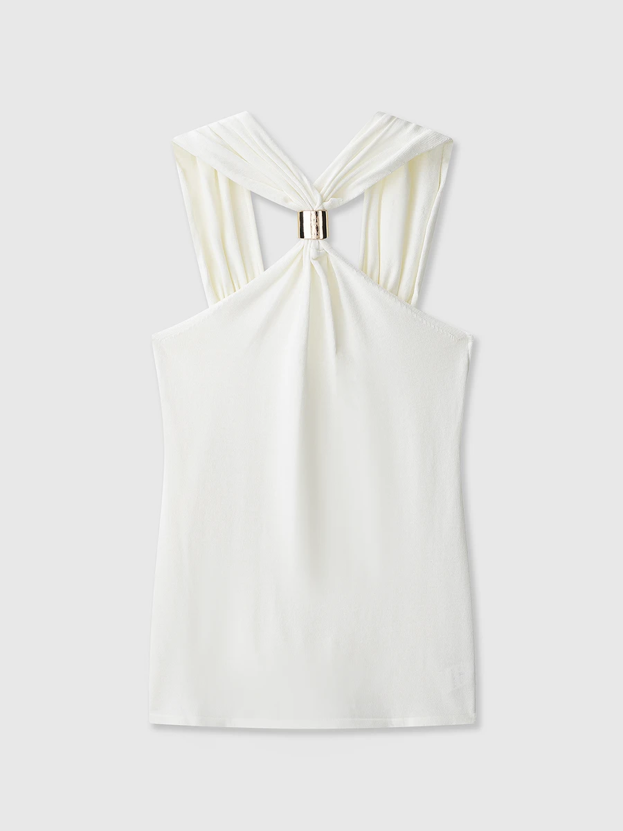 金色装饰宽肩挂脖针织上衣