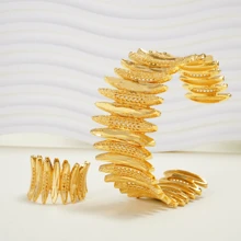 مجموعة سوار وخاتم مطلية بالذهب عيار 24 قيراط من النحاس المجوف بتصميم زهري، مجموعة فخمة على الطراز الشرقي الأوسط، سوار وخاتم بوهيمي عربي دبي الهند نيجيريا، إكسسوارات مجوهرات للعرائس وحفلات الزفاف والمناسبات للنساء والفتيات