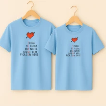 Camiseta Algodão Casal Estamp Boa Noite Te Amo Kit Romântico Unissex Masculino Feminino Look Romântico Apaixonados Moda - Azul Bebê - Visão 1