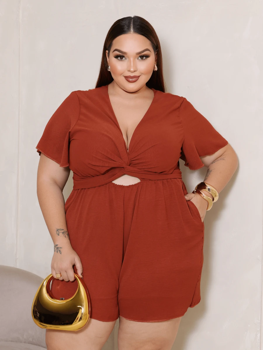 Plus Size Jumpsuit Loose Comfortable Short Romper - Rust Brown - View 1