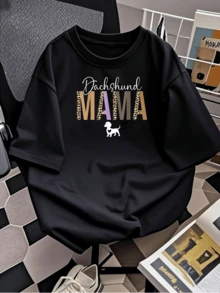 1pcs Dachshund Mama Women's Plus Size Tshirt, Ideal Choice For Dog Lovers, Dachshund Mama Plus Size Tshirt 100% Pure Cotton  Suitable For Casual Wear - 黑色 - 查看 2