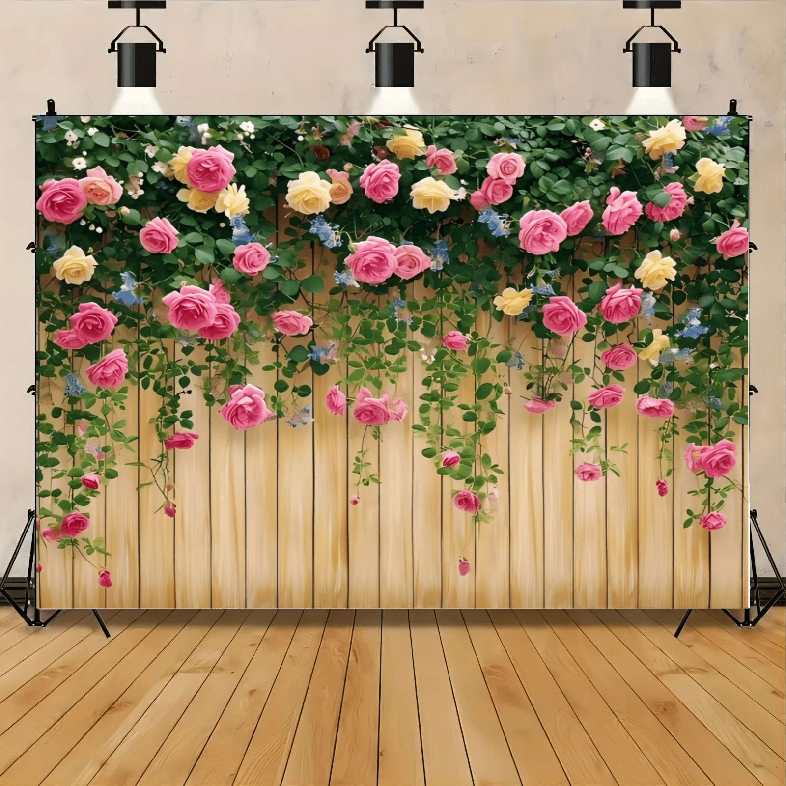 1 قطعة، خلفية جدارية بالزهور، خلفية ربيعية، خلفية تصوير فوتوغرافي بالزهور الربيعية، خلفية تصوير ألواح خشبية بنية مع جدار زهور، حفلة عيد ميلاد، زفاف، تعميد، خلفية تصوير فوتوغرافي