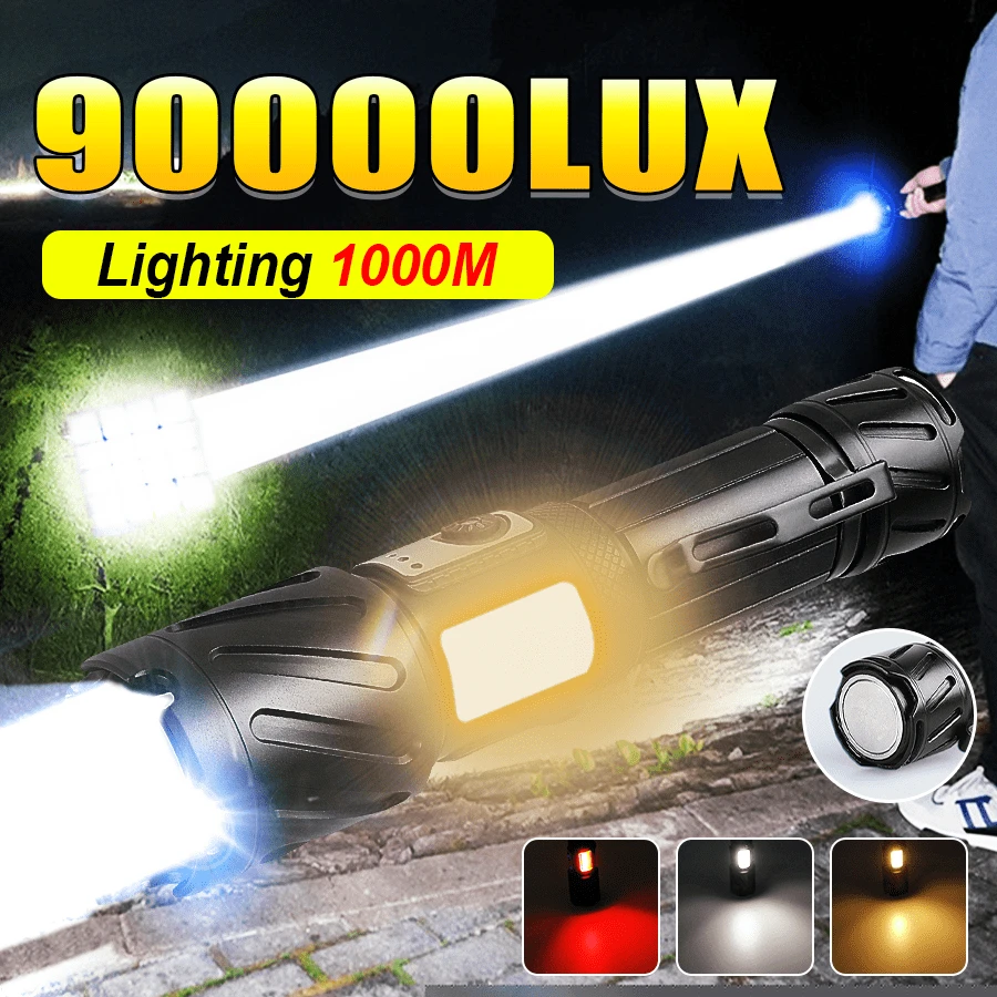1 PIEZA Linterna LED de alta luminosidad, XHP360 + COB, 6 modos de iluminación, zoom, linterna recargable súper brillante, con clip y imán de botón, linterna multifuncional para exteriores, para camping, pesca, senderismo, ciclismo, emergencias, trabajo
