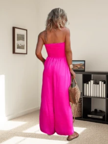 Womens Sleeveless Strapless Wide Leg Jumpsuits Summer Casual Loose Smocked Chiffon Jumpsuit Rompers With Pockets - 玫紅色 - 查看 2