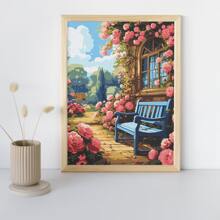 nerd hunters Kit de peinture par numéros avec cadre en bois - Jardin de roses avec banc bleu - canevas de 50x40 cm - Set de peinture DIY pour jardin de cottage romantique