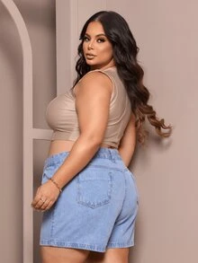 Women's Plus Size Jean Shorts Light Blue Jeans High Waist 100% Cotton - Azul - Ver 5