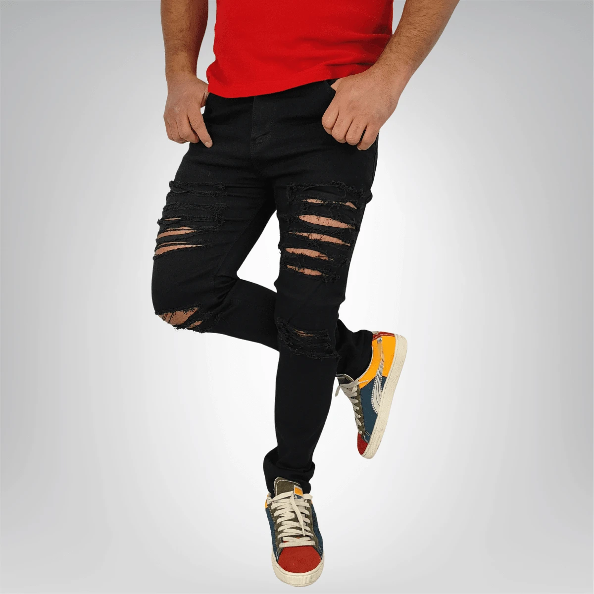 Jeans Skinny Stretch Con Destrucción En Pierna Color Negro - Negro - Ver 1