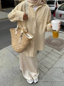 Camisa casual de mujer de rayas con estampado de limón fresco amarillo, con bolsillos, simple y fresca, adecuada para ir al trabajo o paseos casuales a principios del otoño, con estilo callejero de moda