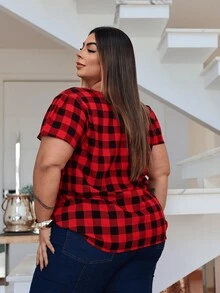 Women's Plus Size Viscose Blouse With Plaid Sleeves And 3 Buttons, June Party - 紅與黑 - 查看 3