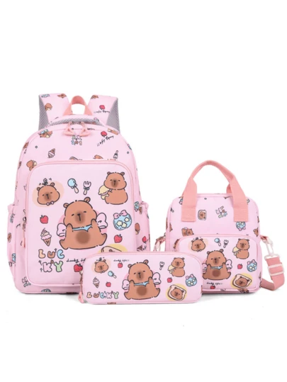 Set de 3 mochilas de viaje de gran capacidad con diseño de capibara de dibujos animados, adecuadas para la escuela, graduación y diversas ocasiones