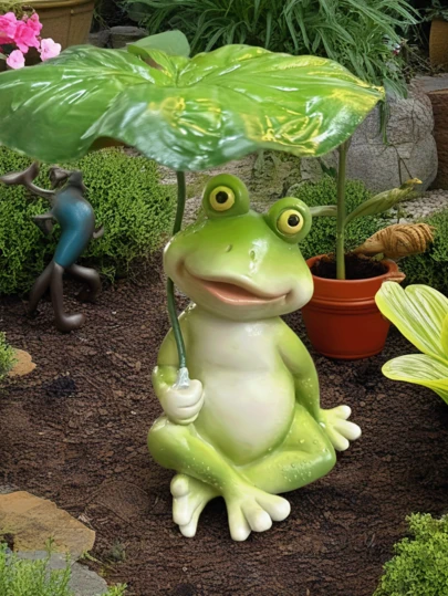 1件树脂绿色青蛙雕像花园装饰品，饰以荷叶，可爱的花园装饰，适合露台、庭院、草坪、门廊。