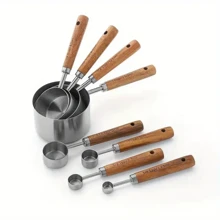 8pcs Stainless Steel Measuring Cups And Spoons With Acacia Wood Handles, Featuring Metric And Imperial Markings, Durable Kitchen Baking Tools Including A Spice Spoon And Coffee Scoop, Nesting Design For Easy Storage, Suitable For Baking, Cooking, And Cocktail Making