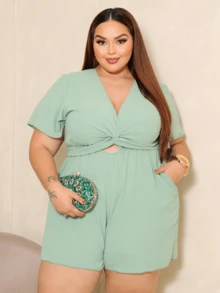 Plus Size Jumpsuit Loose Comfortable Short Romper - 薄荷綠 - 查看 1