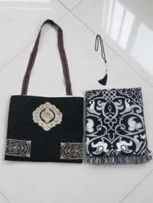 3 Piece Middle Eastern Style Carpet Set, Minimalist Blanket With Backpack, Beaded Portable Carpet