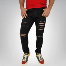 Jeans Skinny Stretch Con Destrucción En Pierna Color Negro - Negro - Ver 4