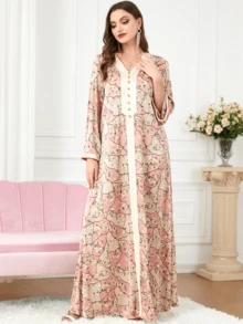 Váy bó ren tối giản đóng dấu vàng của người Hồi giáo xuất khẩu từ Châu Âu và Mỹ, Quần áo phụ nữ Dubai - Hồng - Xem 3