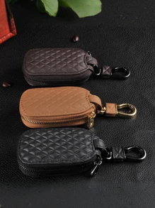 1pc Universal Key Fob Cover Car Key Case Protector, PU Leather Car Keychain Holder Metal Hook Key Ring Zipper Bag For Remote Key Fob, Stylish Key Accessory, Car Key Case Car Accessories Bag Charm School