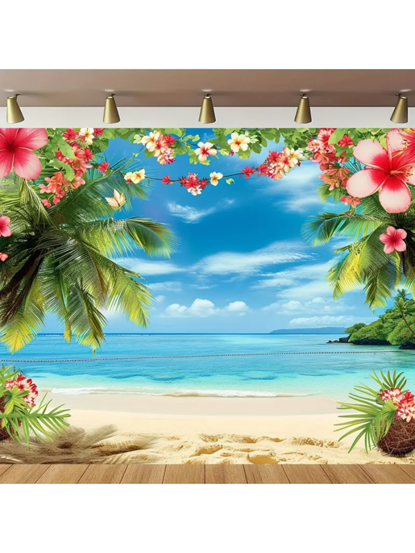 1pc Vibrant Hawaiian Beach Backdrop - Tropical Flower Palm Design, Durable Polyester Material, Perfect For Indoor & Outdoor Photography, Hawaiian Party Theme Decorations, Multipurpose Use