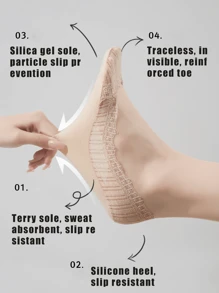 5 pares de calcetines bajos de encaje para mujer. Son calcetines invisibles y transpirables, adecuados para las temporadas de primavera y verano. Con silicona antideslizante, no se deslizarán de los talones. Muy adecuados para el uso diario, combinando con bailarinas y tacones altos.