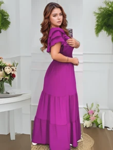 Women's Long Dress With Ruffle Sleeves Bridesmaid Wedding Party Graduation Evangelical Skirt With 3 Maria - 玫瑰紅 - 查看 4