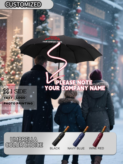 [Minimum Order 1pc] [Customized Christmas Gift] Wooden Handle 3-Fold Umbrella, Dual Usage For Sunny & Rainy, Company Logo Engraved, 3 Color Options, High-End Business Promotional Gift, Christmas Theme