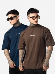 DMUNIZ Oversized Streetwear Turtleneck Printed Chest T-Shirts Kit 2 - Brown/Navy Blue - View 1