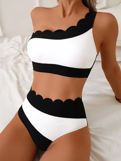 Women's Two Pieces Split Bikini Set With Petal Edges In Black And White, Single Shoulder Asymmetrical Fashion Casual Swimwear