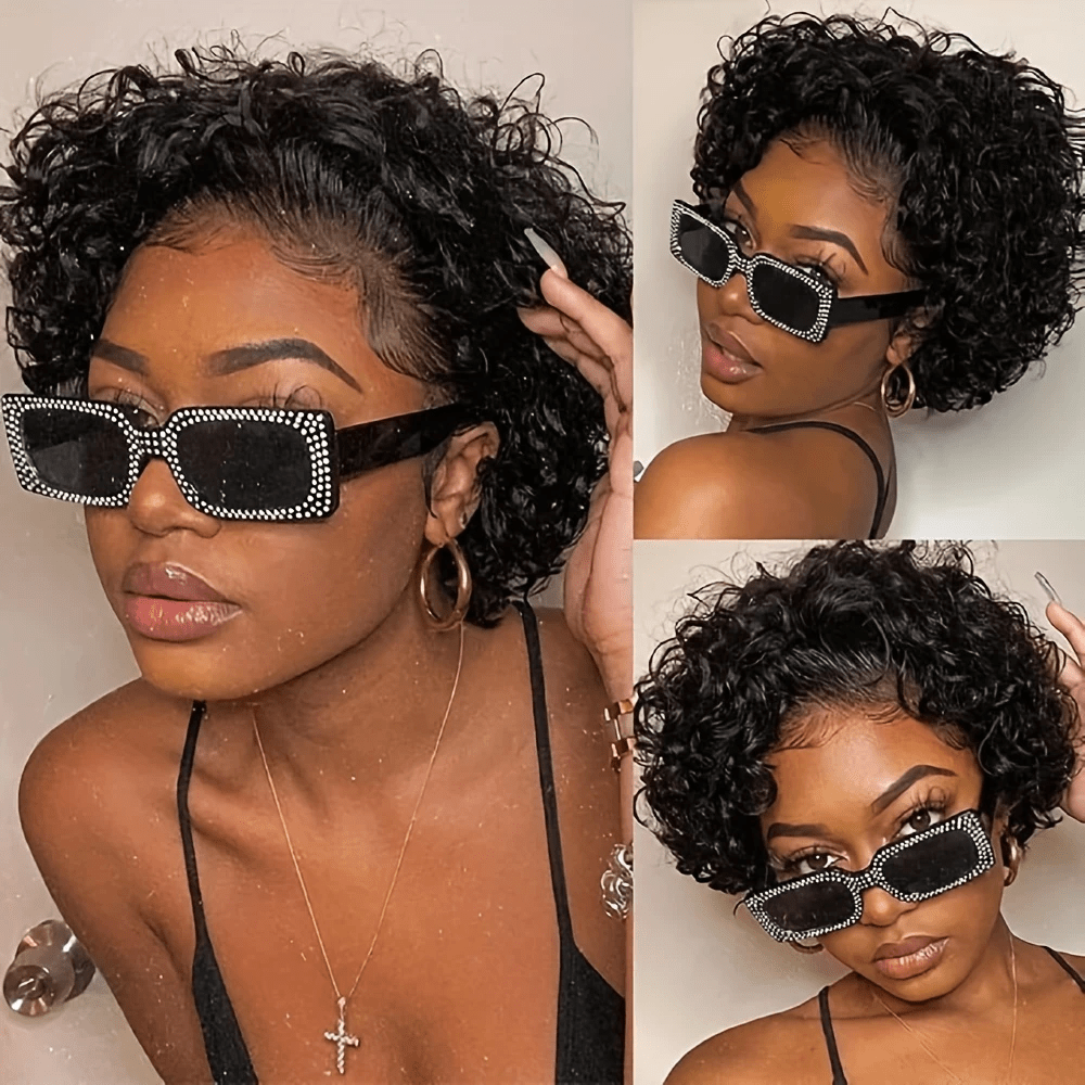 Peruca curta com corte pixie e cacheado frontal 13x1 - densidade 150%, cachos profundos e ondulados, cabelo natural bob para mulheres, estiloso e versátil para todas as etnias, peruca casual | Peruca com linha capilar natural | Peruca frontal com renda