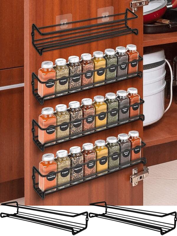 1pc Black Metal Spice Rack, No-Drill Adhesive And Screw Mounting Options, Space-Saving Spice Jar Holder, Designed For Cabinet Doors, Walls, Sturdy & Durable, Holds Up To 6-8 Spice Jars, 10kg Max Load, Suitable For Kitchen Organization, Wall Decor, Bathroom Storage, Christmas And Easter