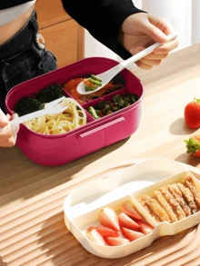 微波炉适用便当盒 – 双层防漏午餐盒，带手柄和餐具套装 – 适合学校、办公室、旅行、圣诞节和节日礼物 – 适合男士和女士 - 玫紅色 - 查看 5