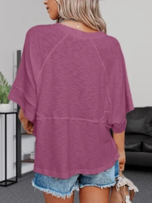 Women's Summer Soft Crewneck Batwing Half Sleeve T-Shirt Solid Color Lightweight Loose Fit Casual Top Christmas Gift & New Year Gift - 酒紅色 - 查看 3