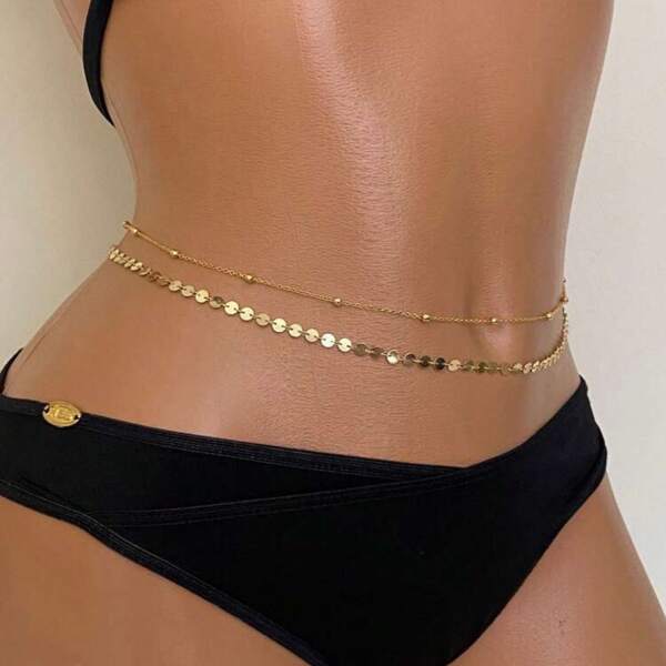 1 peça Corrente de disco brilhante sexy casual da moda multicamadas Corrente de cintura para mulheres