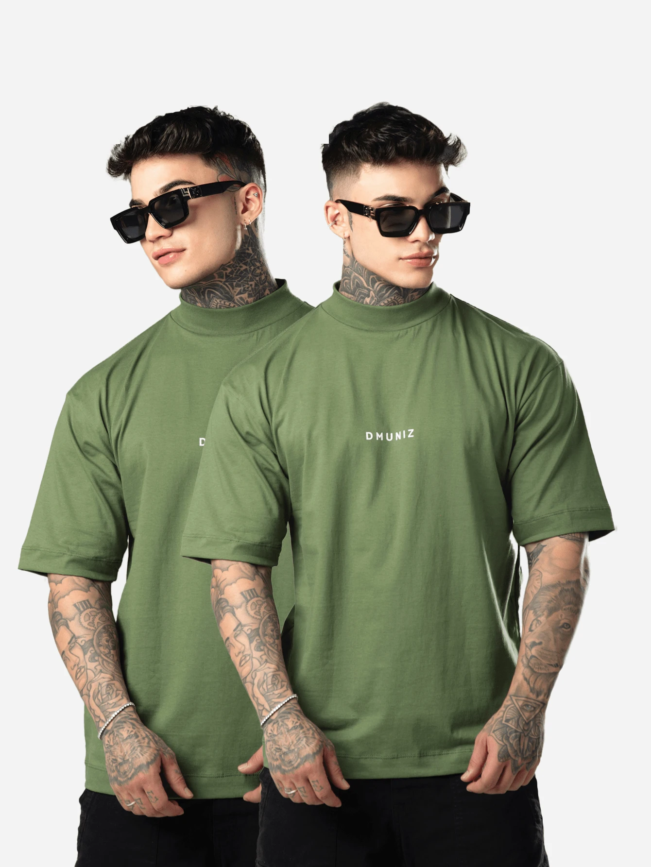 DMUNIZ Oversized Streetwear Turtleneck Printed Chest T-Shirts Kit 2 - 2 苔綠色 - 查看 1