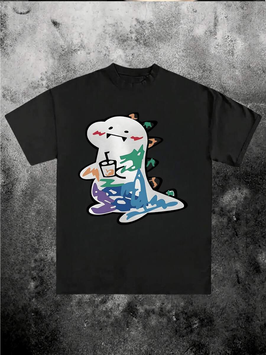 Dinosaur Bubble Tea Graphic Cartoon Animal 220g Funny Graphic T Shirt - màu đen - Xem 1