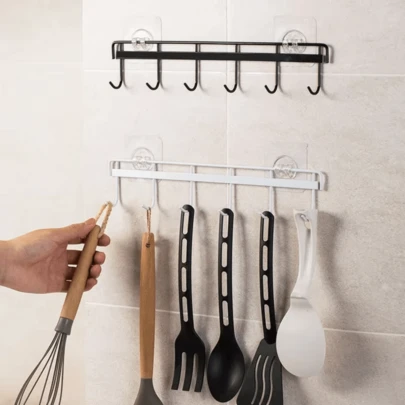 2pcs Kitchen Utensil Hooks, Kitchen Adhesive Wall Hooks Rack Rail, Storage Tool Holder Wall Mounted For Kitchen Hanging Spatulas, Measuring Spoons, No Drilling Required, Space Saving, Hanger With 6 Hooks For Bathroom, Bedroom, Closet, For Kitchen Food Studio Camper