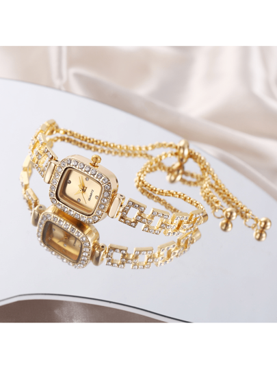1pc Business Elegante Goud Square Hoesje Horloge Rhinestone Scaled Dial, Bezel Adjustable Chain, Quartz view 2