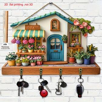 2D Flat, 1pc, Wooden Colorful Floral Town Multi-Functional Home Key Holder Rack (11.8" X 9"), (7.9" X 5.1") Two Sizes, With 4 Metal Hooks - 2D Flat Print, Wall Decor, Entryway Decor, Room Decor, Villa Decor, All Season Home Decor