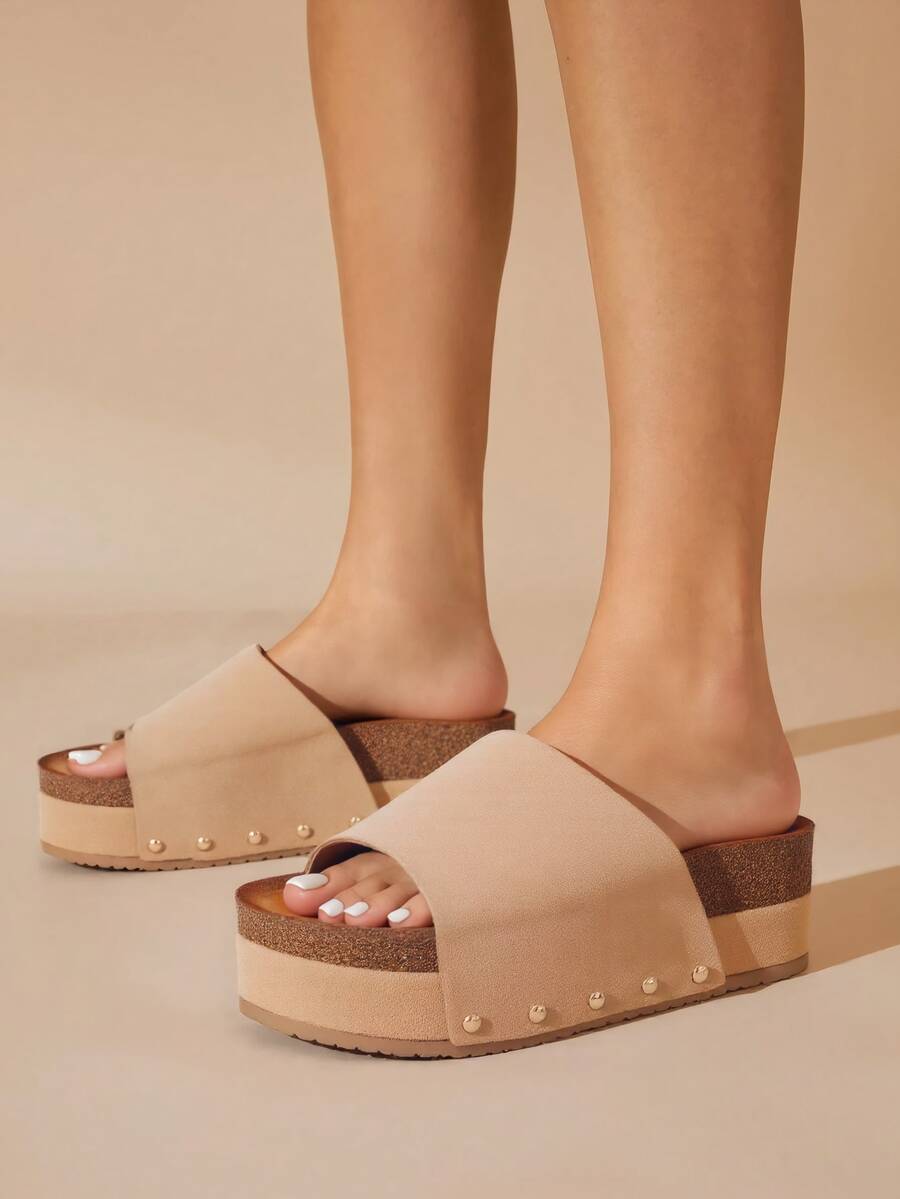 Revreal Schwarze Plateau-Sandalen – Lässig mit einem kräftigen Rand Bohemian Niedlich Elegant Elegant Resort Mode Strand Lässig Freizeit Nieteneinlage Strand - Khaki - Übersicht 1