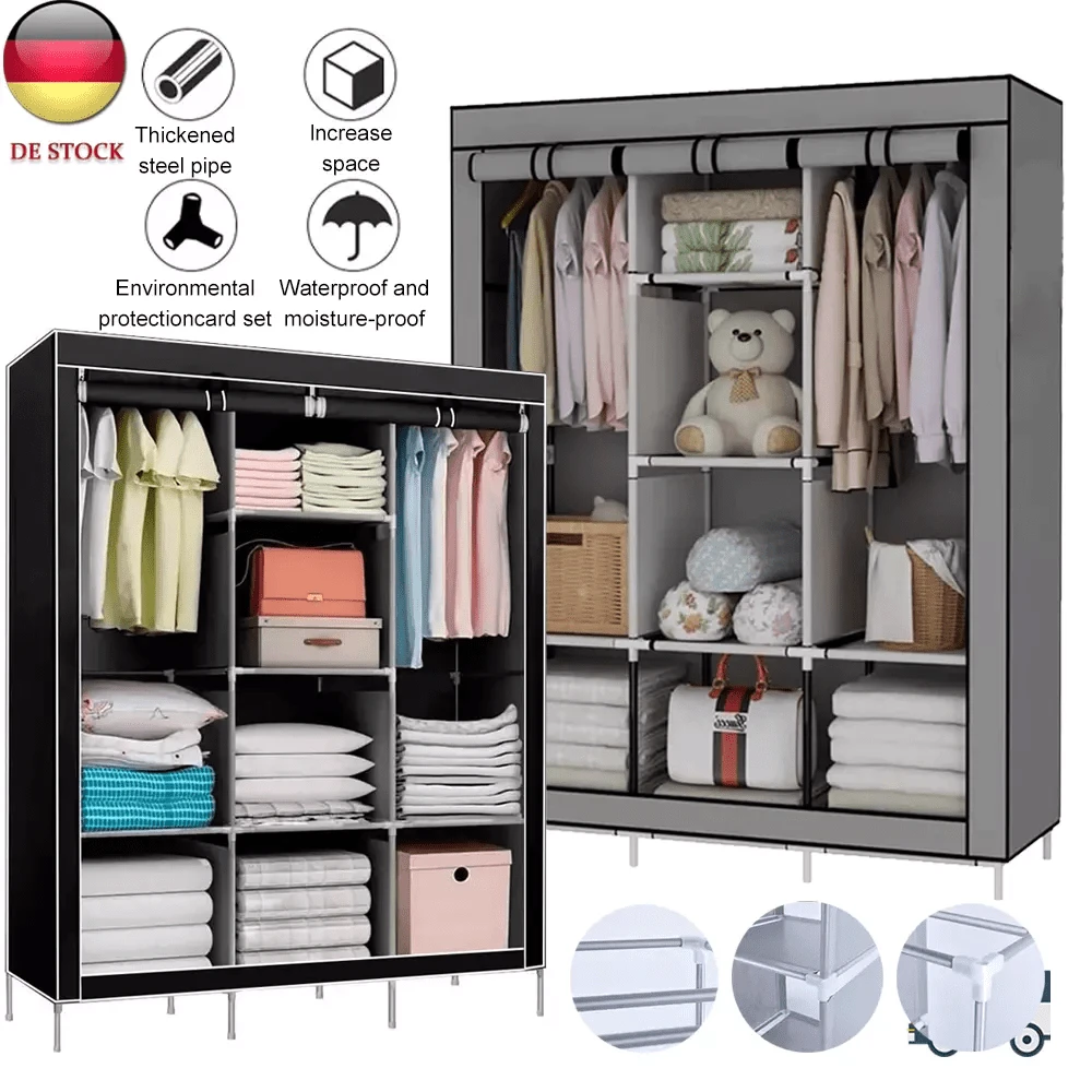 Kleiderschrank aus Stoff, klappbarer Kleiderschrank aus Stoff, klappbarer Kleiderschrank aus Vliesstoff mit Hängestange, Kleiderschrank aus Stoff für das Schlafzimmer,128*45*170cm - Grau - Übersicht 1