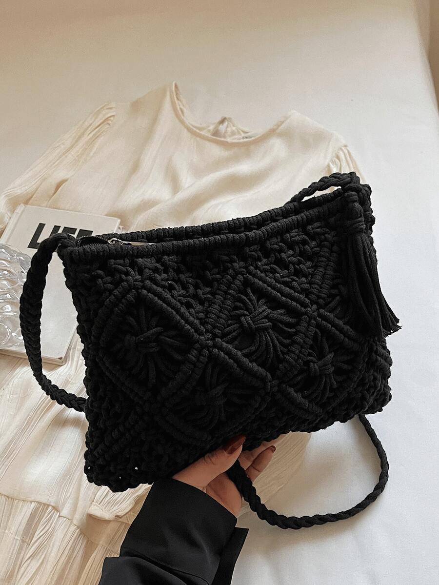 1个纯色波西米亚风编织单肩斜挎包，时尚编织小方包，适合海滩度假、街头购物，是海滩度假、旅行和假日的理想之选，吸睛的夏季沙滩包，波西米亚风女装 - 黑色 - 查看 1