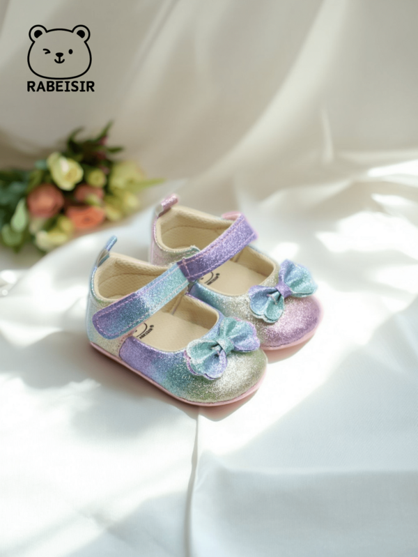 RABEISIR Scarpe per primi passi per neonati, Primi passi per neonati casual e carini con fiocco arcobaleno luccicante, leggeri e antiscivolo, adatti per uso quotidiano e abbigliamento da vacanza, primavera e autunno