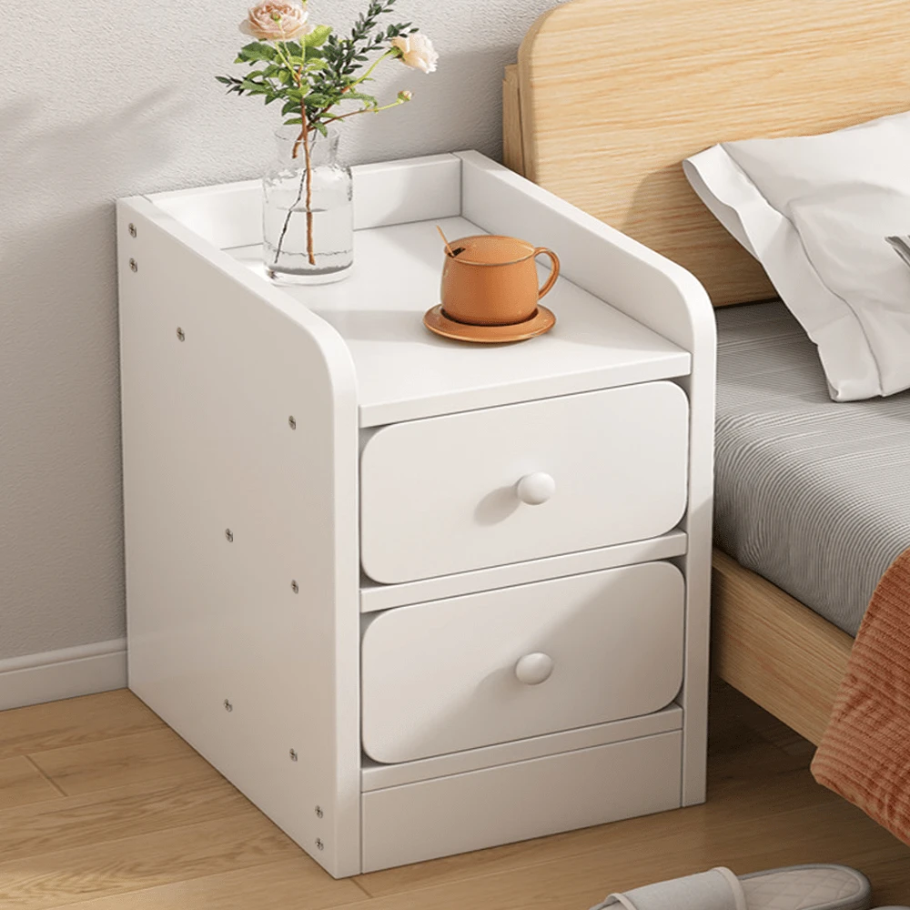 Small Slim Bedside Table Sofa End Side Table Nightstand Bedroom Drawer Cabinet White Storage Shelf - White - Double Drawers - View 1