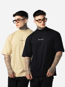 DMUNIZ Oversized Streetwear Turtleneck Printed Chest T-Shirts Kit 2 - 黑色/卡其色 - 查看 1