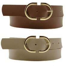 Kit 2 Women's Belt 2D Double Inverted Round Buckle Current Fashion Winter Summer 96040K2 - 焦糖色和米色 - 查看 1