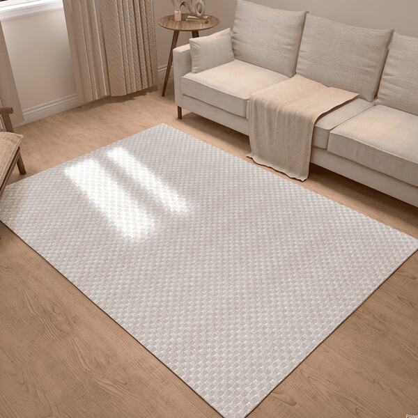 Tapete Sala Quarto Bege 1,40 X 2,00 Xadrez Antiderrapante 100% Algodão Quadriculado