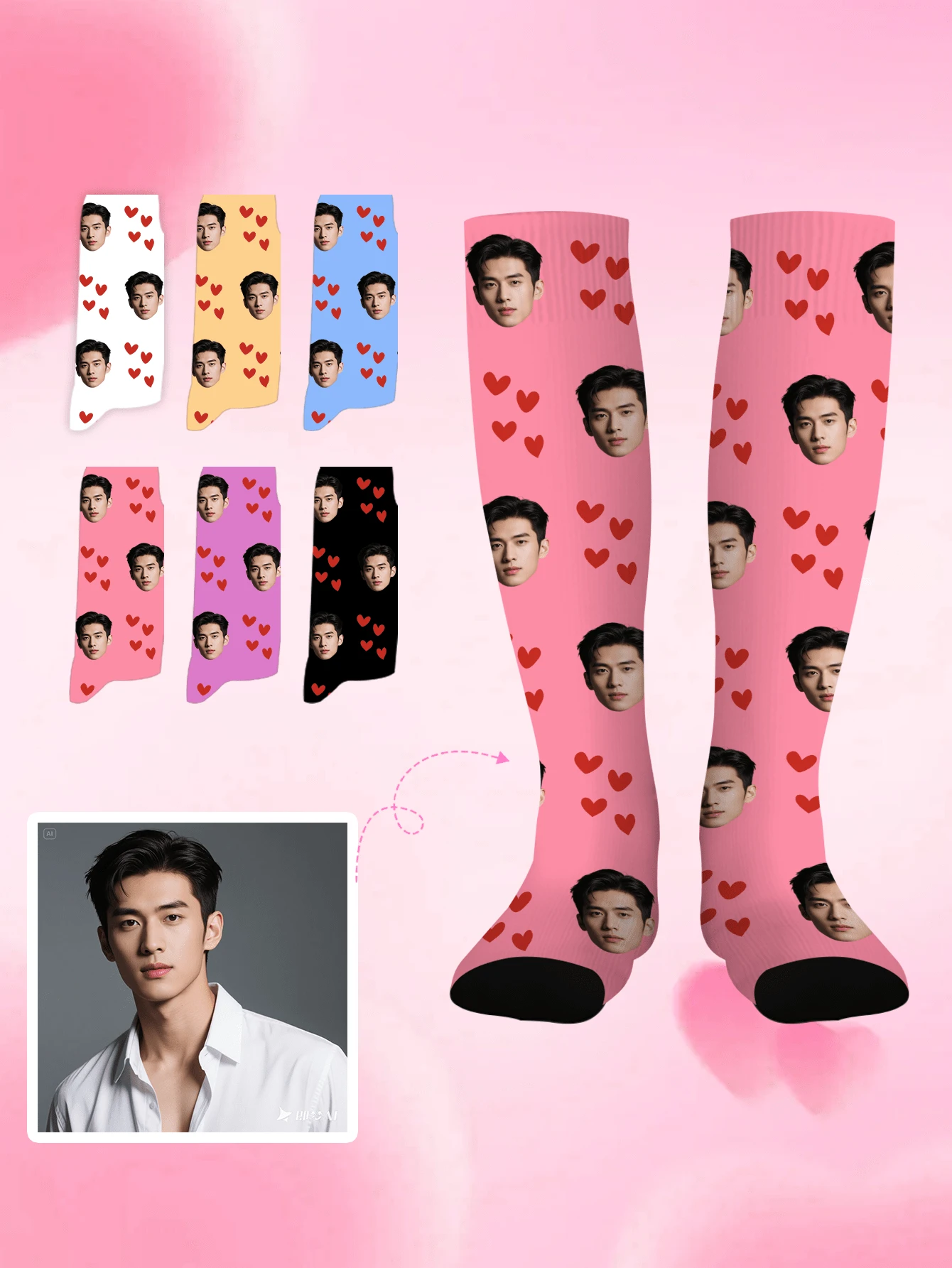 1 Pair Of Custom Face Socks, Custom Photo Socks, Custom Printed Socks, Custom Picture Socks, Print Any Face On Socks, Anniversary Gift, Mother's Day Gift, Father's Day Gift, Fall - Multicolor - View 1