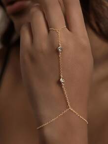1 peça de corrente de anel de dedo com diamante duplo de aço inoxidável, pulseira minimalista moderna com duas zircônias cúbicas redondas em formato de O, acessório de luxo de qualidade adequado para meninas e mulheres