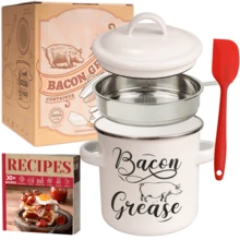 46 OZ Bacon Grease Container With Strainer And Spatula, Stainless Steel  Strainer, Enamel Oil Container, PotFat Storage With Lid - 白色 - 查看 9