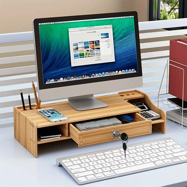 Support ergonomique en bois pour moniteur avec tiroir - boîte de rangement de bureau portable avec compartiments pour stylos, ciseaux et accessoires, convient pour l'espace de travail à la maison ou au bureau, espace de travail ordonné | Design robuste pour organisateur de stockage pour femmes, cadeau d'articles de voyage essentiels